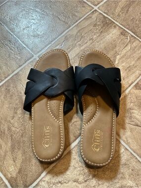 Teva Black Braided Slide Sandals with Tan Footbed